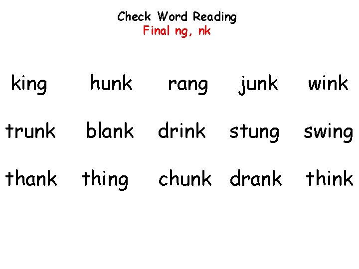 Check Word Reading Final ng, nk king hunk rang junk wink trunk blank drink