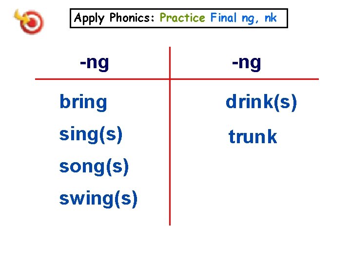 Apply Phonics: Practice Final ng, nk -ng bring drink(s) sing(s) trunk song(s) swing(s) 