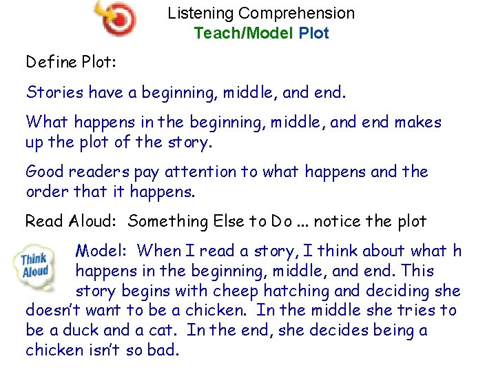 Listening Comprehension Teach/Model Plot Define Plot: Stories have a beginning, middle, and end. What