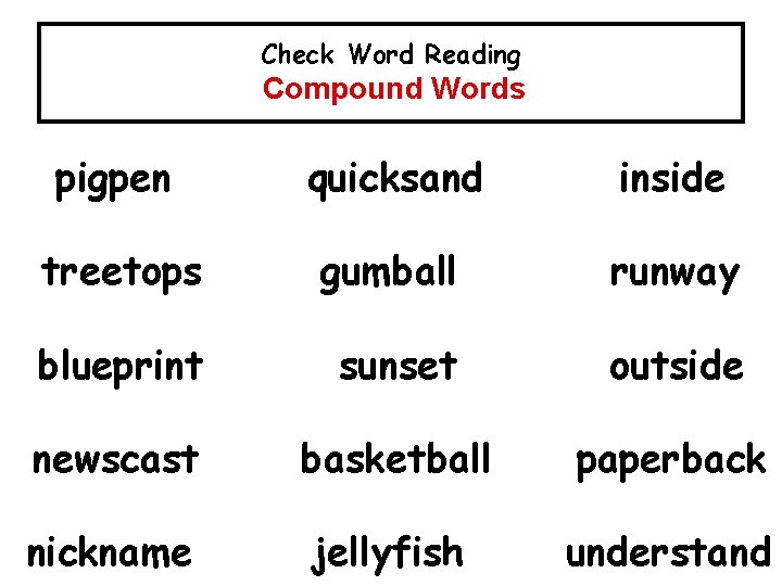 Check Word Reading Compound Words pigpen quicksand inside treetops gumball runway blueprint sunset outside