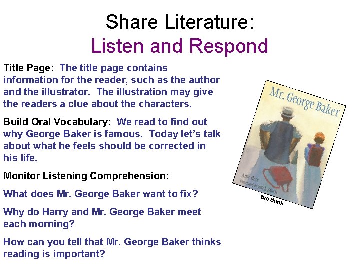 Share Literature: Listen and Respond Title Page: The title page contains information for the