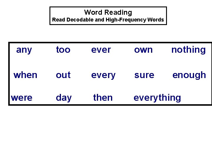 Word Reading Read Decodable and High-Frequency Words any too ever own nothing when out