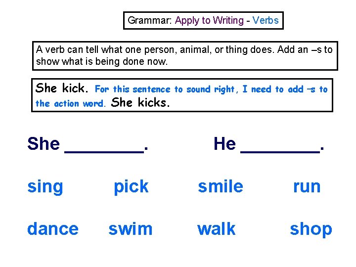 Grammar: Apply to Writing - Verbs A verb can tell what one person, animal,