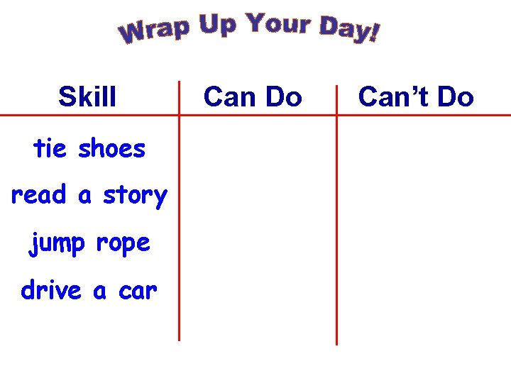 Skill tie shoes read a story jump rope drive a car Can Do Can’t