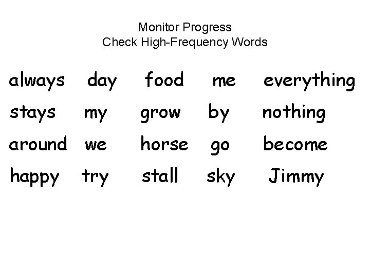 Monitor Progress Check High-Frequency Words always day food me everything stays my grow by