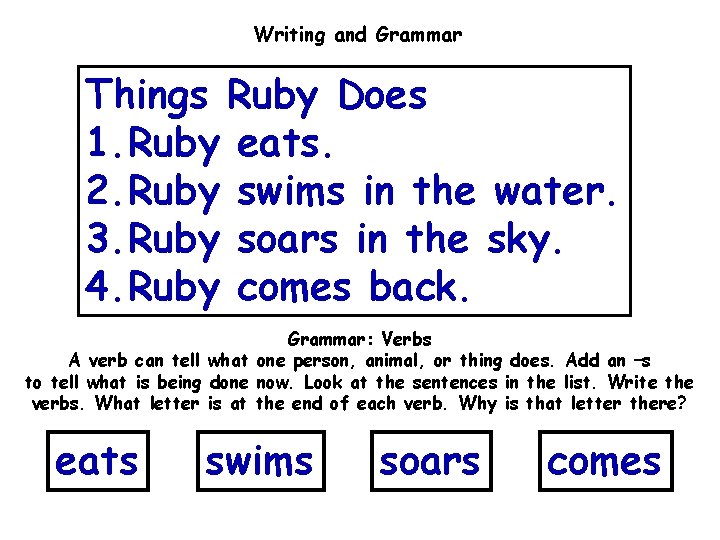 Writing and Grammar Things Ruby Does 1. Ruby eats. 2. Ruby swims in the
