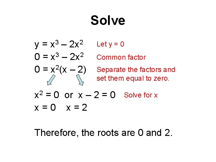 Solve y = x 3 – 2 x 2 0 = x 2(x –