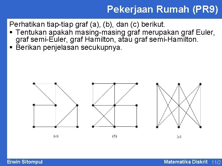 Pekerjaan Rumah (PR 9) Perhatikan tiap-tiap graf (a), (b), dan (c) berikut. § Tentukan