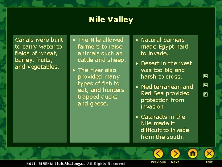 Nile Valley Canals were built to carry water to fields of wheat, barley, fruits,