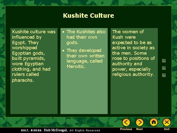 Kushite Culture Kushite culture was influenced by Egypt. They worshipped Egyptian gods, built pyramids,