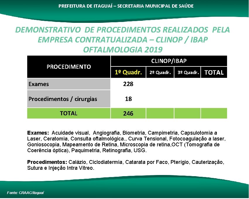 PREFEITURA DE ITAGUAÍ – SECRETARIA MUNICIPAL DE SAÚDE DEMONSTRATIVO DE PROCEDIMENTOS REALIZADOS PELA EMPRESA