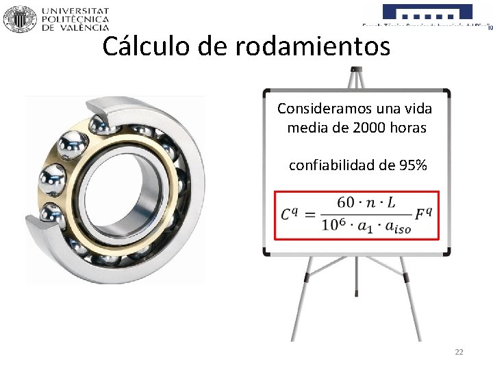 Cálculo de rodamientos Consideramos una vida media de 2000 horas confiabilidad de 95% 22