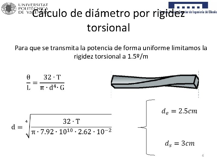 Cálculo de diámetro por rigidez torsional Para que se transmita la potencia de forma