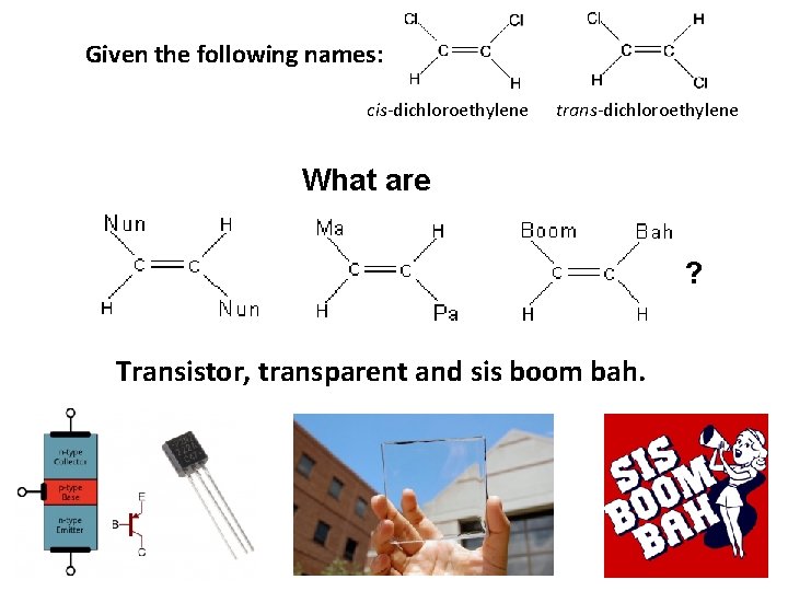 Given the following names: cis-dichloroethylene trans-dichloroethylene What are ? Transistor, transparent and sis boom Given the following names: cis-dichloroethylene trans-dichloroethylene What are ? Transistor, transparent and sis boom