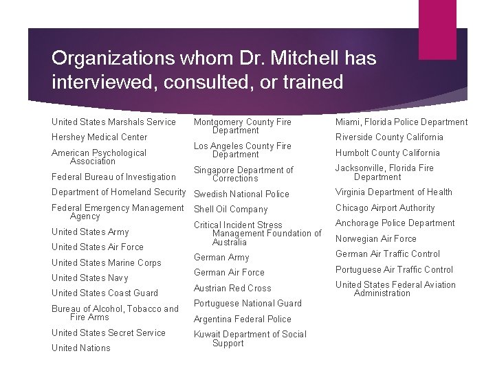Organizations whom Dr. Mitchell has interviewed, consulted, or trained United States Marshals Service Hershey