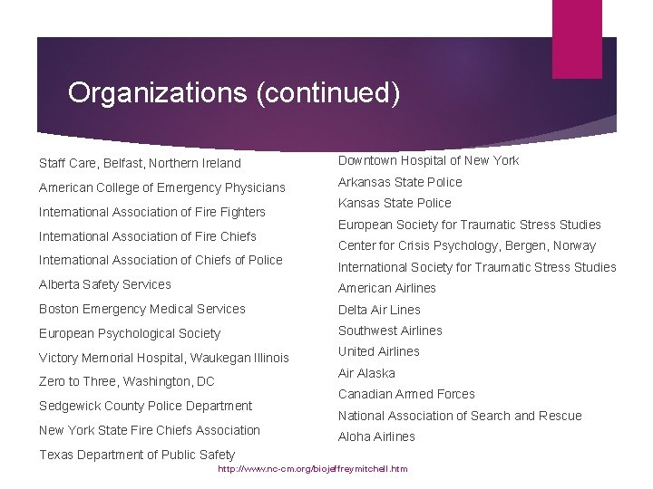 Organizations (continued) Staff Care, Belfast, Northern Ireland Downtown Hospital of New York American College