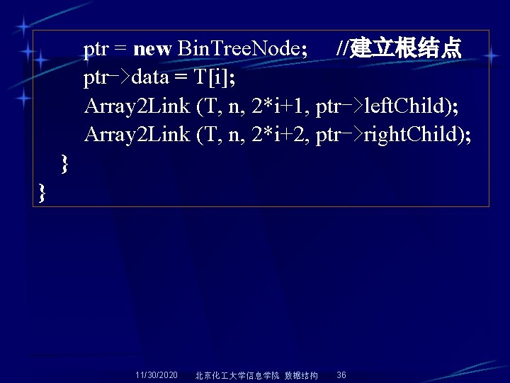 ptr = new Bin. Tree. Node; //建立根结点 ptr->data = T[i]; Array 2 Link (T,