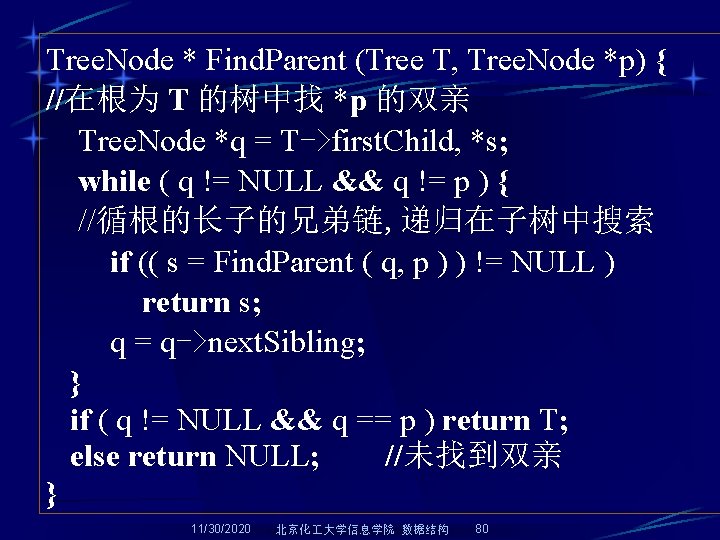 Tree. Node * Find. Parent (Tree T, Tree. Node *p) { //在根为 T 的树中找