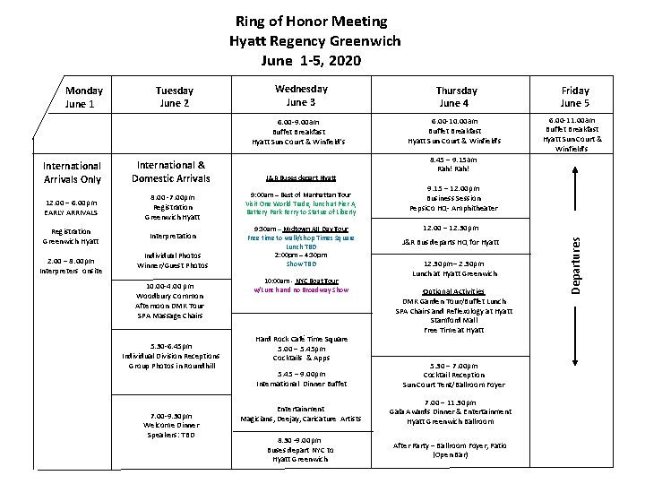 Ring of Honor Meeting Hyatt Regency Greenwich June 1 -5, 2020 Tuesday June 2