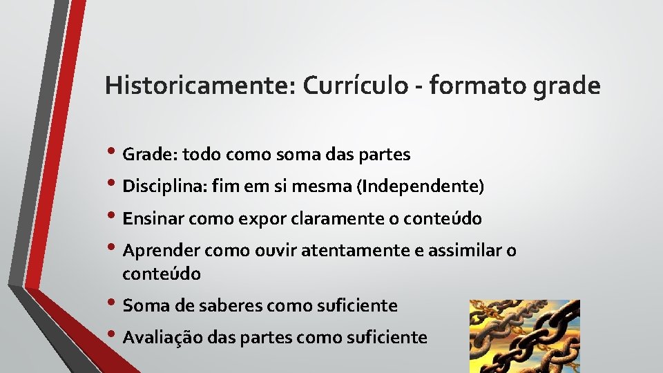 Historicamente: Currículo - formato grade • Grade: todo como soma das partes • Disciplina: Historicamente: Currículo - formato grade • Grade: todo como soma das partes • Disciplina: