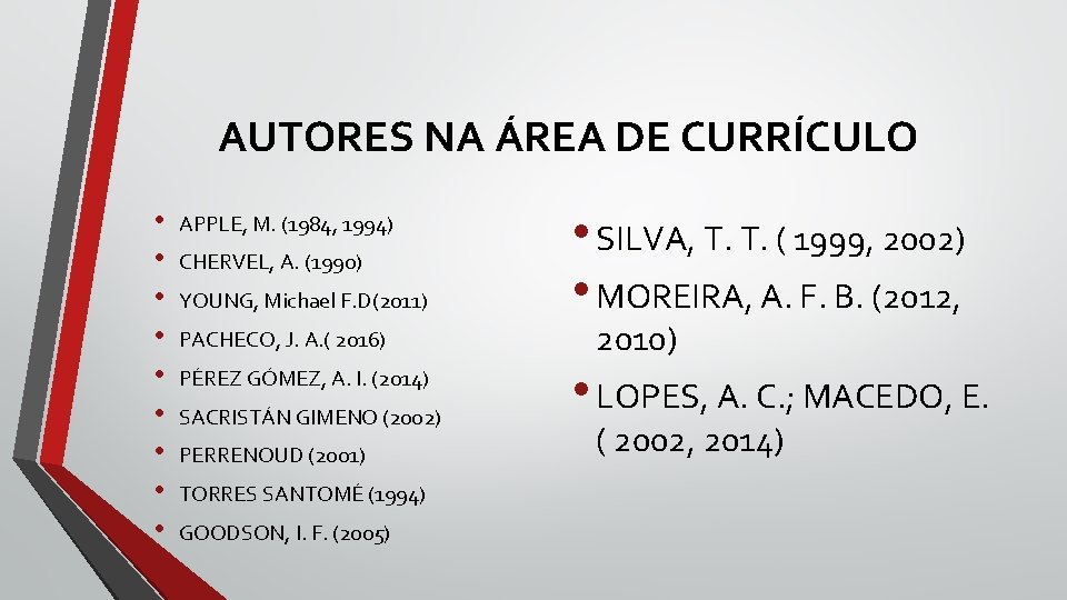 AUTORES NA ÁREA DE CURRÍCULO • • • APPLE, M. (1984, 1994) CHERVEL, A. AUTORES NA ÁREA DE CURRÍCULO • • • APPLE, M. (1984, 1994) CHERVEL, A.