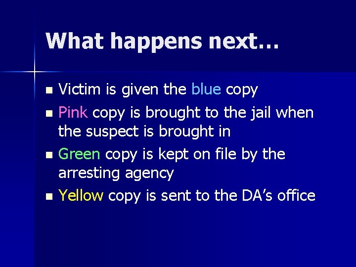 What happens next… Victim is given the blue copy n Pink copy is brought