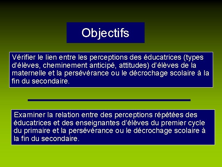 Objectifs Vérifier le lien entre les perceptions des éducatrices (types d’élèves, cheminement anticipé, attitudes)