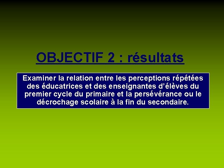 OBJECTIF 2 : résultats Examiner la relation entre les perceptions répétées des éducatrices et