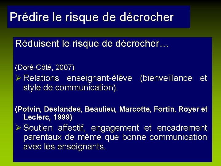 Prédire le risque de décrocher Réduisent le risque de décrocher… (Doré-Côté, 2007) Ø Relations