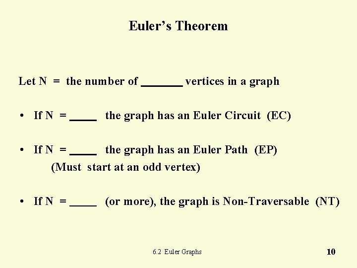 Euler’s Theorem Let N = the number of • If N = vertices in Euler’s Theorem Let N = the number of • If N = vertices in