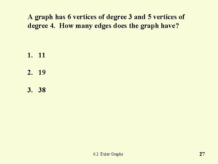A graph has 6 vertices of degree 3 and 5 vertices of degree 4. A graph has 6 vertices of degree 3 and 5 vertices of degree 4.