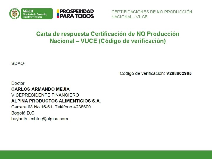 CERTIFICACIONES DE NO PRODUCCIÓN NACIONAL - VUCE Carta de respuesta Certificación de NO Producción