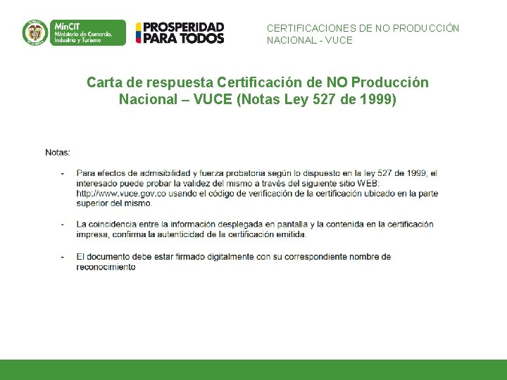 CERTIFICACIONES DE NO PRODUCCIÓN NACIONAL - VUCE Carta de respuesta Certificación de NO Producción