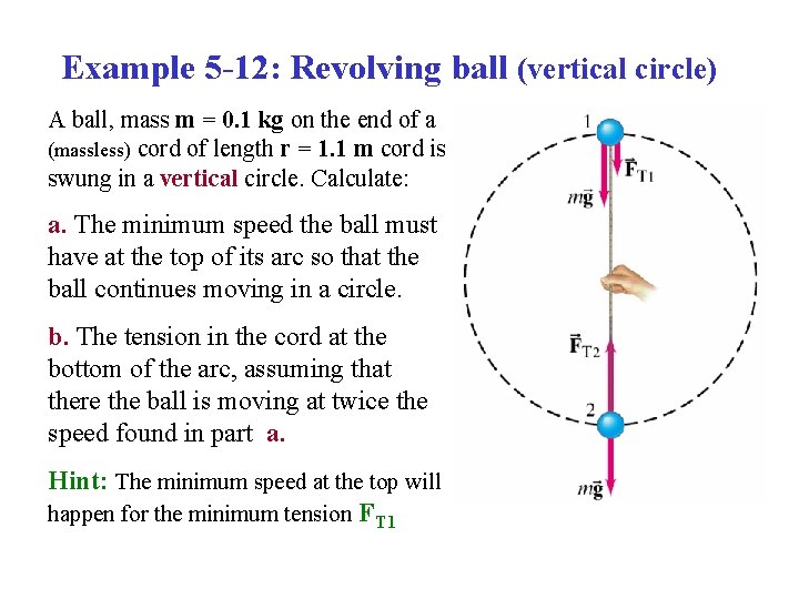 Example 5 -12: Revolving ball (vertical circle) A ball, mass m = 0. 1