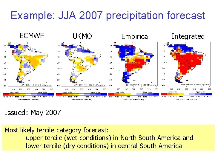 Example: JJA 2007 precipitation forecast ECMWF UKMO Empirical Integrated Issued: May 2007 Most likely