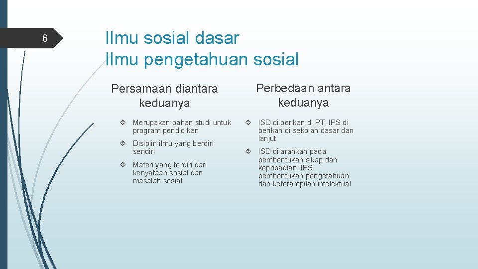 6 Ilmu sosial dasar Ilmu pengetahuan sosial Persamaan diantara keduanya Merupakan bahan studi untuk