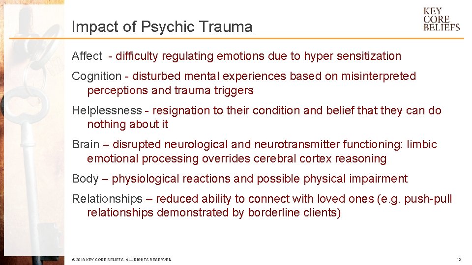 Impact of Psychic Trauma Affect - difficulty regulating emotions due to hyper sensitization Cognition