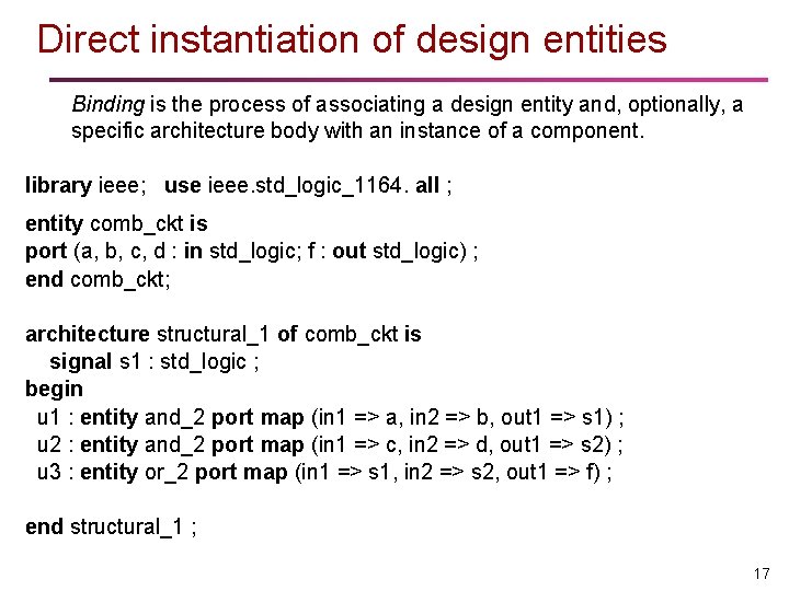 Direct instantiation of design entities Binding is the process of associating a design entity