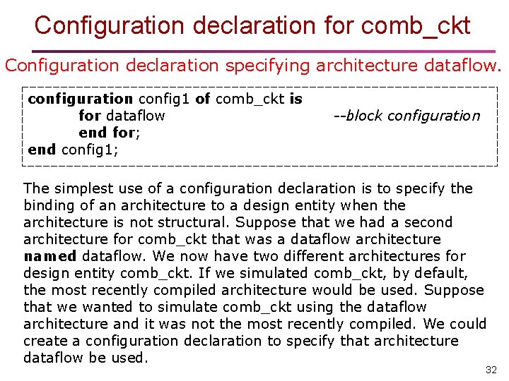 Configuration declaration for comb_ckt Configuration declaration specifying architecture dataflow. configuration config 1 of comb_ckt