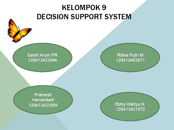 KELOMPOK 9 DECISION SUPPORT SYSTEM Santri Arum PR 120413423994 Pramesti Herwindarti 120413423999 Ribka Putri