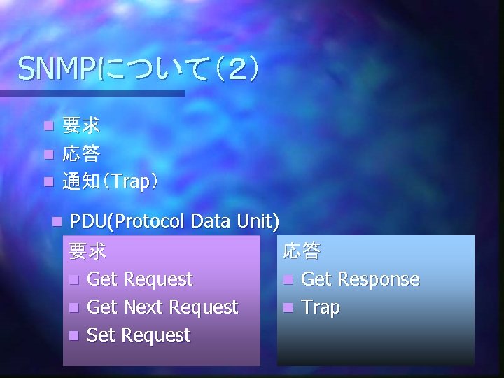 SNMPについて（２） 要求 n 応答 n 通知（Trap） n n PDU(Protocol Data Unit) 要求 応答 n