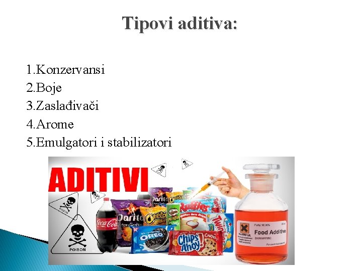 Tipovi aditiva: 1. Konzervansi 2. Boje 3. Zaslađivači 4. Arome 5. Emulgatori i stabilizatori