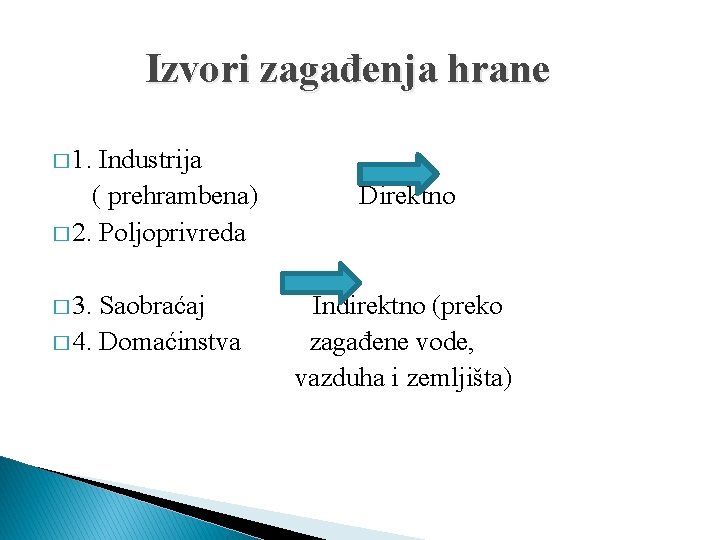 Izvori zagađenja hrane � 1. Industrija ( prehrambena) � 2. Poljoprivreda � 3. Saobraćaj