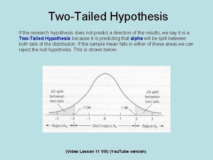 Two-Tailed Hypothesis If the research hypothesis does not predict a direction of the results, Two-Tailed Hypothesis If the research hypothesis does not predict a direction of the results,