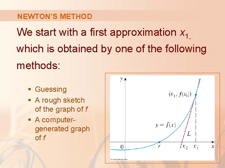 NEWTON’S METHOD We start with a first approximation x 1, which is obtained by