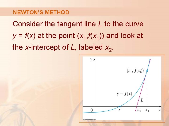 NEWTON’S METHOD Consider the tangent line L to the curve y = f(x) at