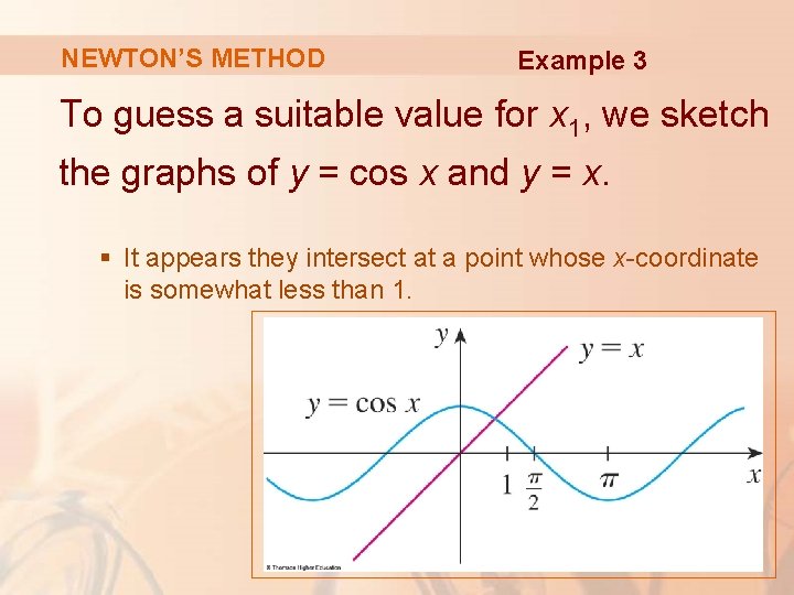 NEWTON’S METHOD Example 3 To guess a suitable value for x 1, we sketch