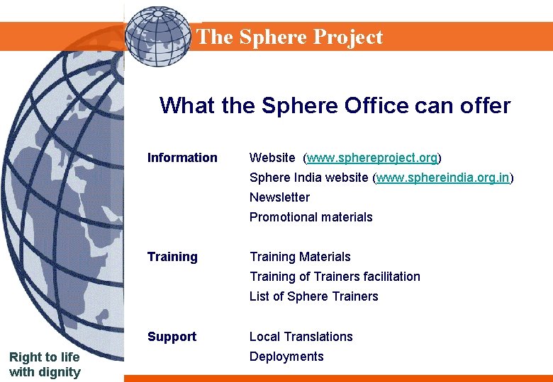 Sphere Project The Sphere Project What the Sphere Office can offer Information Website (www.
