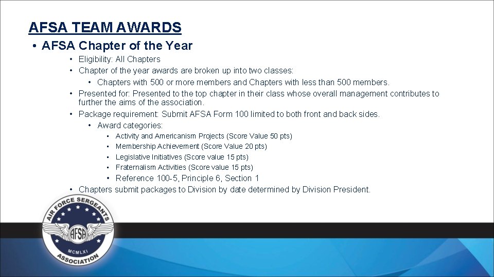 AFSA TEAM AWARDS • AFSA Chapter of the Year • Eligibility: All Chapters •