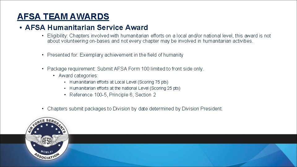 AFSA TEAM AWARDS • AFSA Humanitarian Service Award • Eligibility: Chapters involved with humanitarian